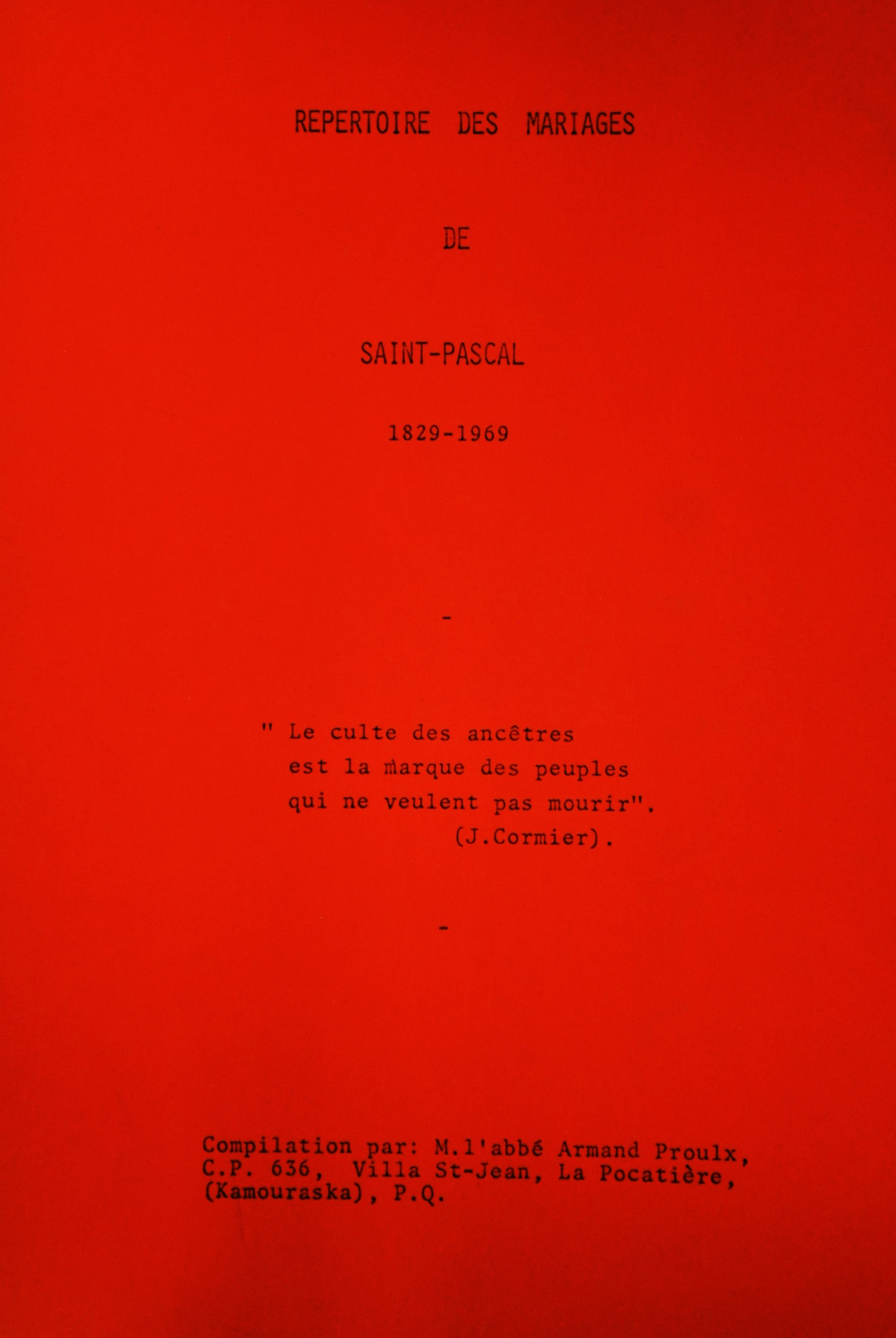 Répertoire des mariages de Saint-Pascal (1829-1969)