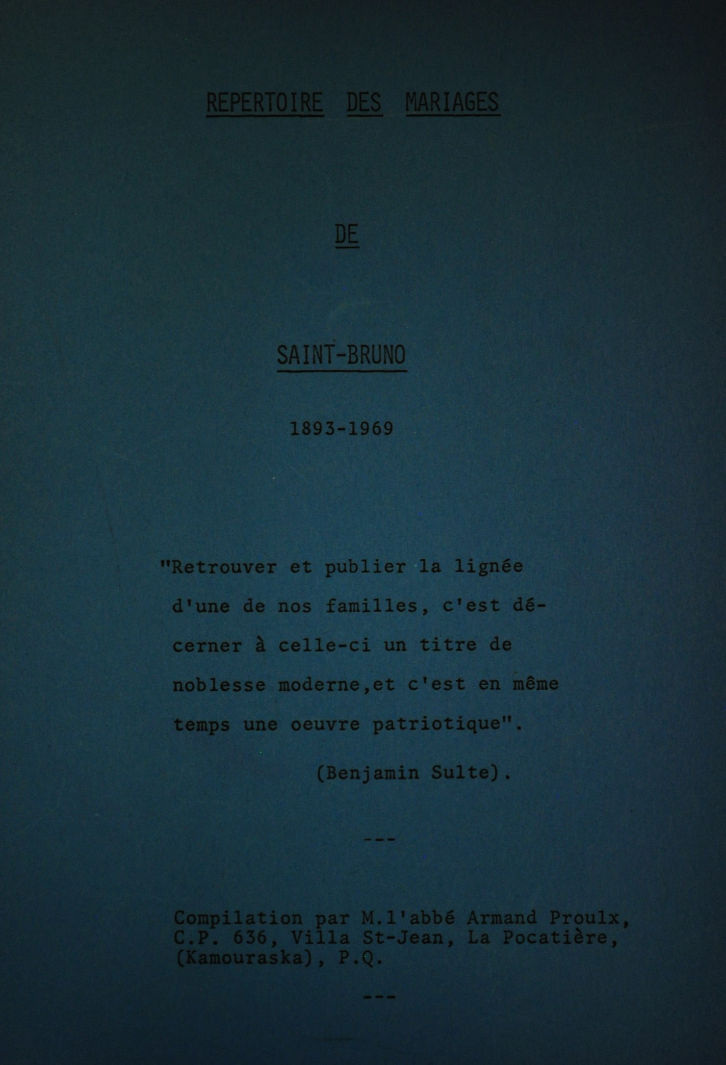 Répertoire des mariages de Saint-Bruno de Kamouraska 1893-1969
