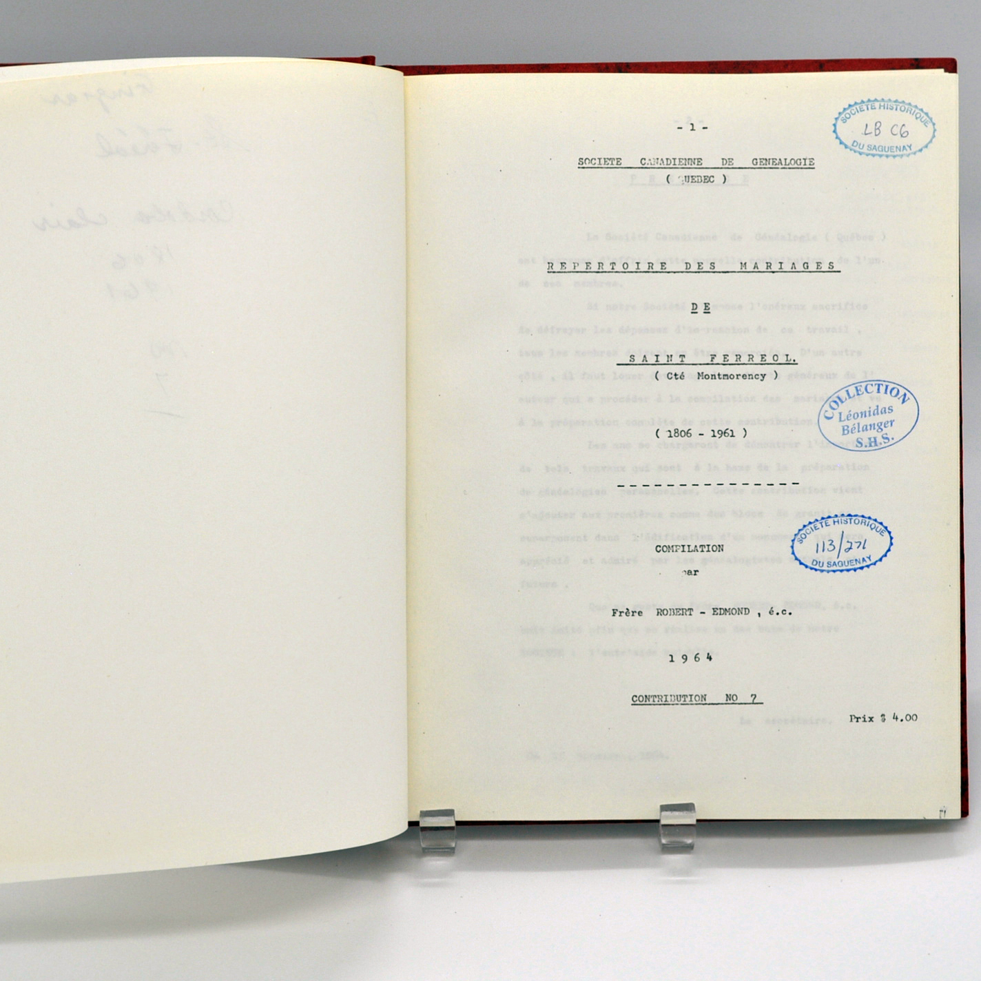 Répertoire des mariages de Saint-Ferréol, comté Montmorency (1806-1961)