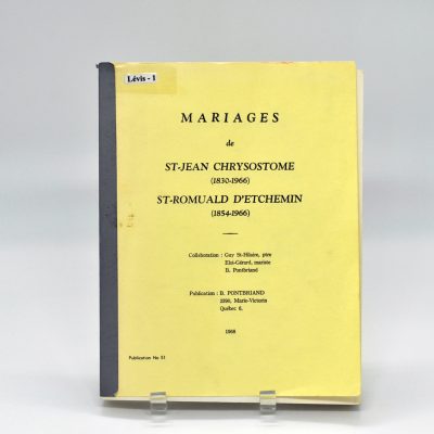 Page couverture du répertoire de mariages de St-Jean Chrysostome (1830-1966), St-Romuald D'Etchemin (1854-1966)