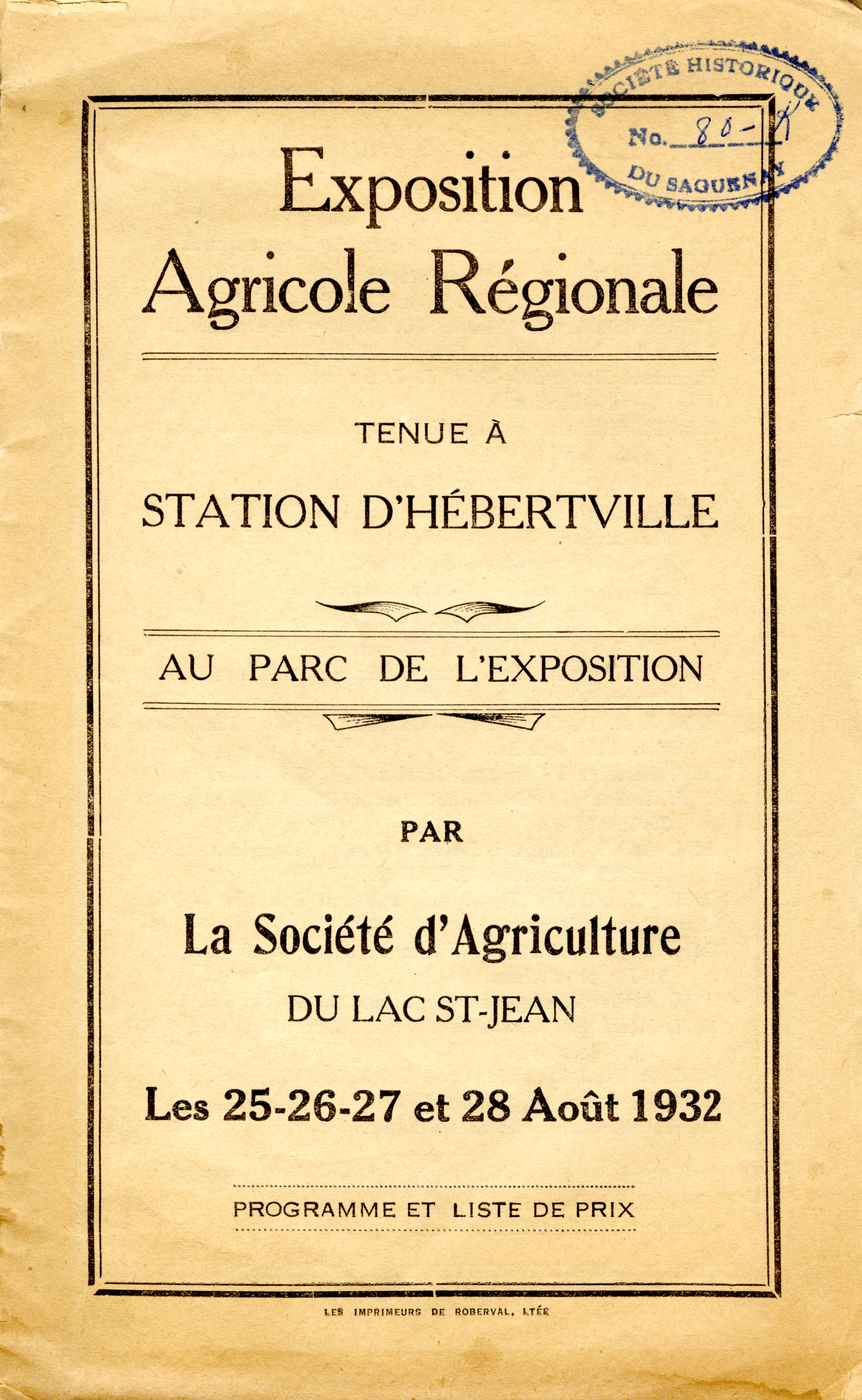 Couverture de la brochure de l’Exposition agricole régionale tenue à Station d’Hébertville en 1932